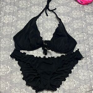 Victoria secret Black Ruffled Bikini Set top- 32D, bottom- S
